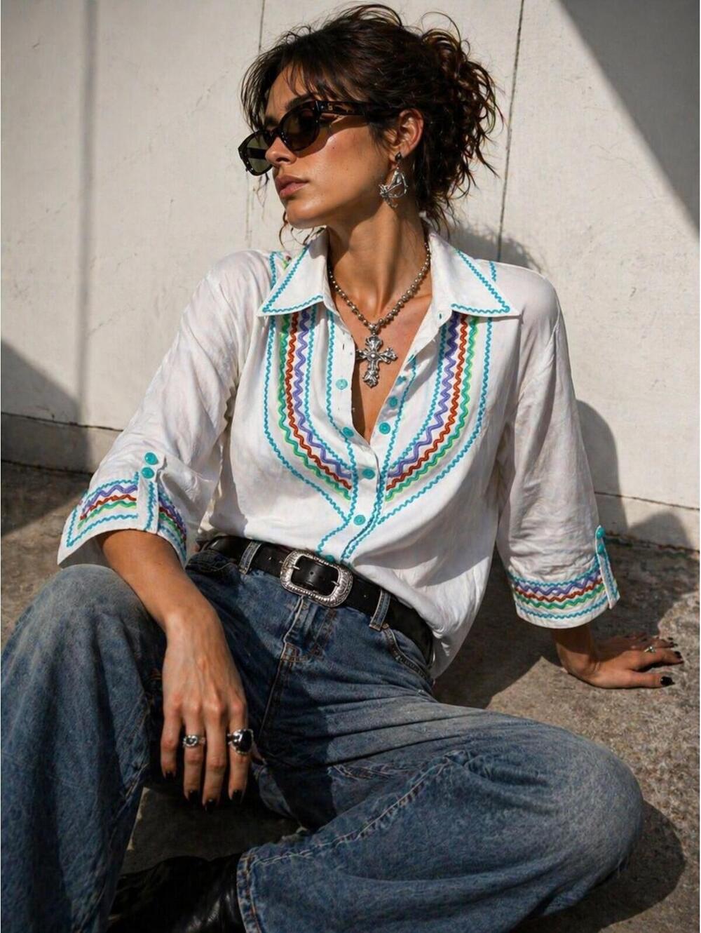 Bob Mackie Wearable Art Ric Rac Embroidered Blouse XL